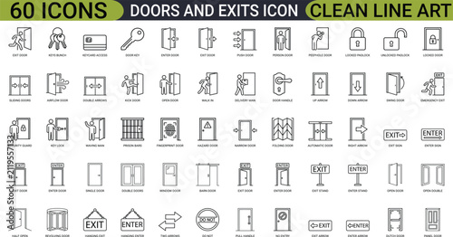Doors and exits emergency entrance line art icons set, open door keycard access, fire exit sign, handle lock knob, architectural gateway, Web icon, App icon, Vector EPS file