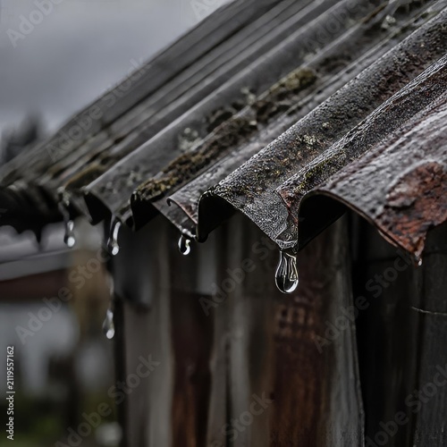 Raindrops falling from old corrugated metal roof on a gloomy day