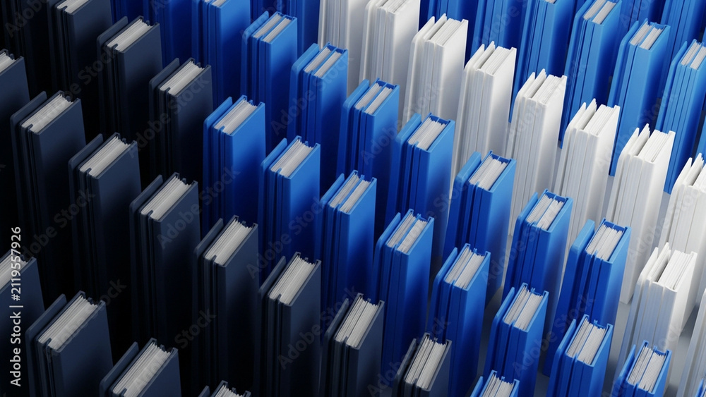 Obraz premium 3D isometric render of blue and white vertical file folders arranged in geometric rows, representing digital data storage, archives, organizational management, and library systems.
