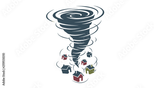 Violent dark blue tornado swirling through a residential area and lifting small colorful houses into the air.