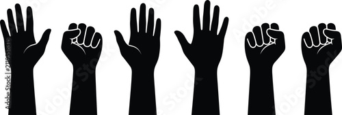 Human hands raised up open palms and clenched fists vector graphics set representing protest voting unity or community strength