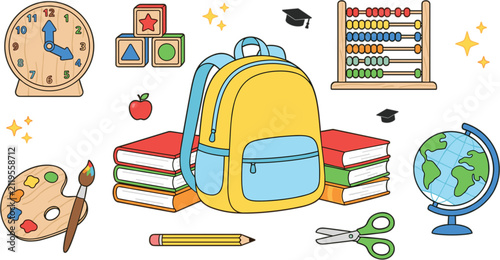Cute school elements cartoon illustration set on white background