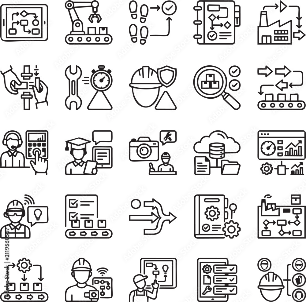 Fototapeta premium Digital Work Instructions Line Icons Set for Manufacturing, Industrial Operations, Workflow and Enterprise Software