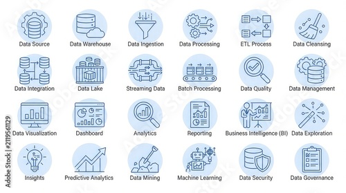 Collection of big data analytics icons on white background with blue icons related business intelligence predictive analytics machine learning