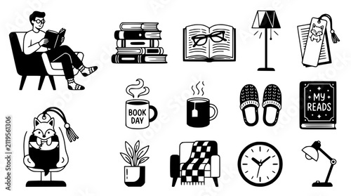 Bild auf Leinwand Cozy Reading Collection: Man Reading, Books, Mugs, Lamp, Armchair, Clock