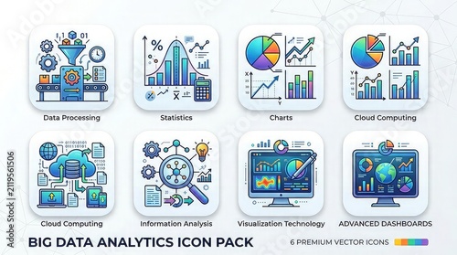 Big data analytics icon pack for business intelligence with collection six premium premium vector icons visualization technology information analysis