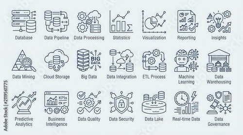 Collection of big data analytics icons on white background with arranged four rows five collection black line data driven real time visualization
