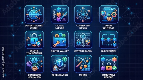Blockchain network icon set for secure digital transactions with displays collection 12 blockchain related icons dark blue background background representing concepts