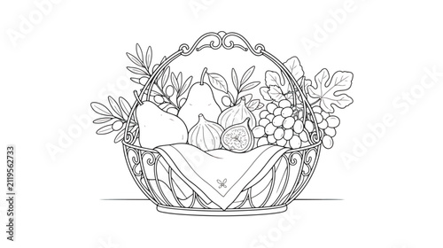Obraz na płótnie Vintage fruit basket line art illustration, rustic harvest hamper with pears and