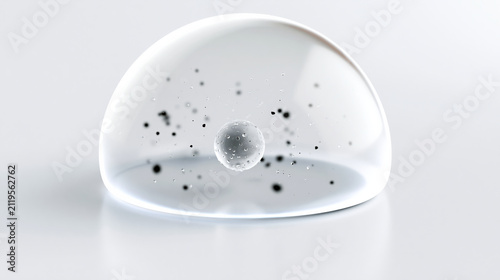 Transparent dome with suspended sphere inside surrounded by small black particles on smooth white surface, creating futuristic and minimalist abstract concept