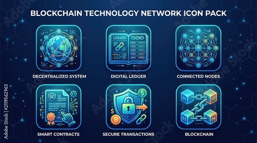 Blockchain technology network icon pack with decentralized system with collection six blockchain technology icons dark dark blue background with cryptocurrency