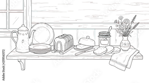 Bild auf Leinwand Hand drawn rustic breakfast scene on wooden shelf, vintage kitchen still life ve