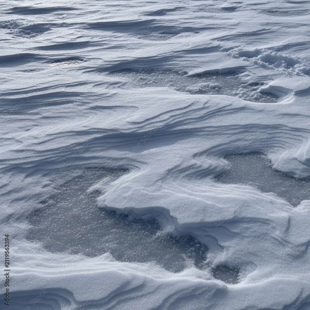 Obraz premium Textured snow surface with icy patches and subtle footprints