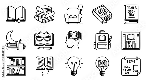 Collection of Reading and Book Icons: Open Books, Stack, Armchair, Lamp, Backpack, Bookshelf