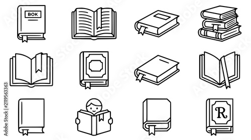 Collection of Book Icons: Reading, Literature, Knowledge, Education, Study, Library Symbols