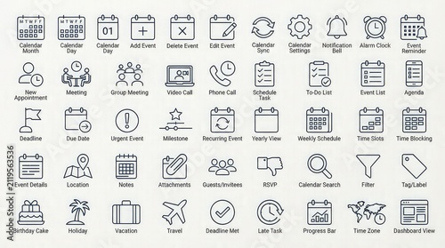 Collection of calendar planning outline icons for organization with displays comprehensive set style icons related time management line style