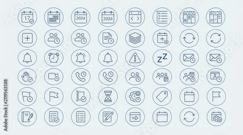 Collection of calendar and planning icons for business organization with displays grid various blue line icons related calendars planning tools