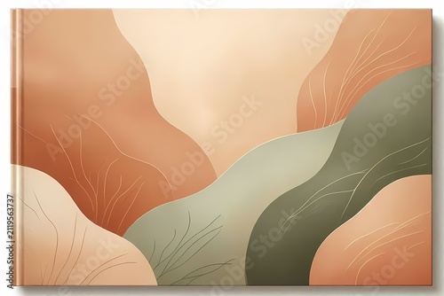 A notebook cover featuring earthy terracotta and sage green tones with layered organic shapes, Ai generated image