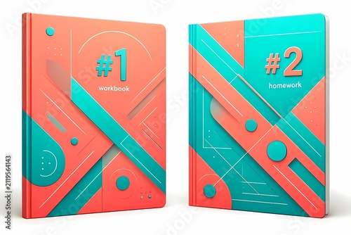 A coordinated two-notebook cover set in contrasting coral and teal, Ai generated image