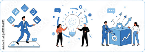 Business innovation and optimization banner showing project management multitasking data analysis brainstorming ideas and teamwork concept illustration