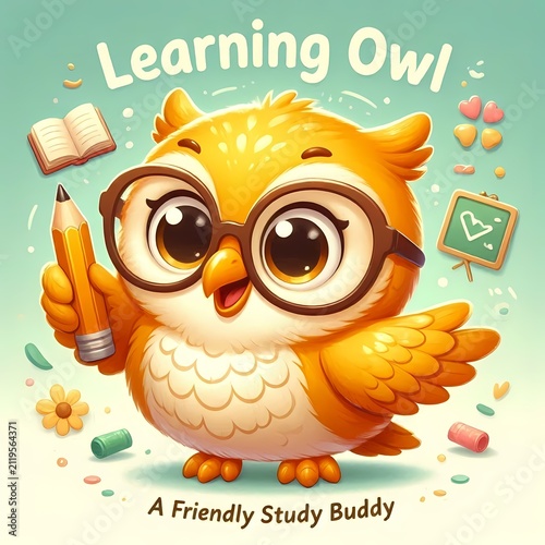 A character-themed cover featuring a cheerful cartoon owl wearing glasses and holding a pencil, Ai generated image
