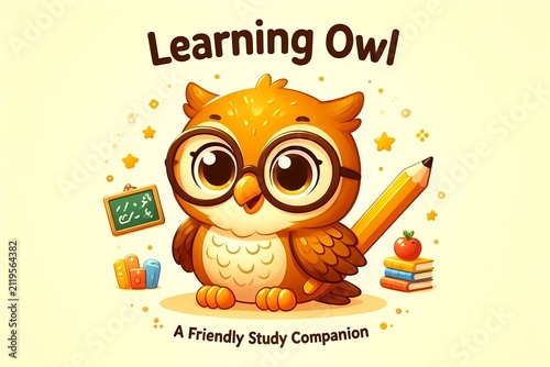 A character-themed cover featuring a cheerful cartoon owl wearing glasses and holding a pencil, Ai generated image