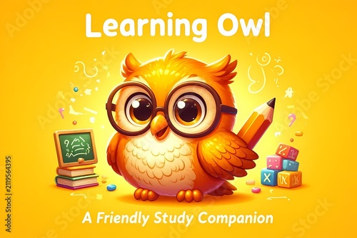 A character-themed cover featuring a cheerful cartoon owl wearing glasses and holding a pencil, Ai generated image