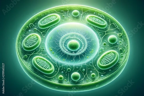 A microscopic biology view of a plant cell wall with chloroplasts and nucleus in vivid detail, Ai generated image