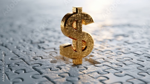 Golden dollar symbol on jigsaw. Financial solution concept.