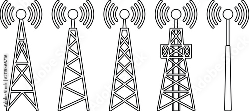 Фотография Telecommunication antenna tower icon set broadcasting radio signal wireless cell