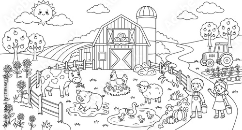 Konstfotografi Cute Farm Coloring Page with Barn, Animals, Children, Tractor, Garden, Pond and