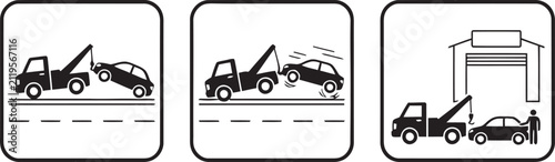 Tow truck hauling broken-down cars on road Vector