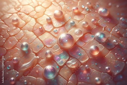 Skin scales with cosmetic particles showing a scientific beauty micro-landscape, Ai generated image