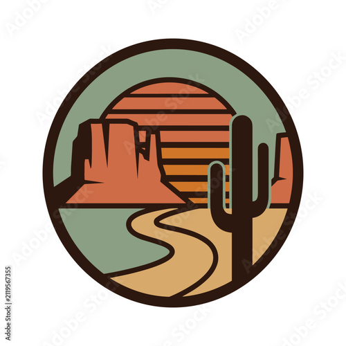 Desert landscape badge featuring mesas and saguaro cactus at sunset.
