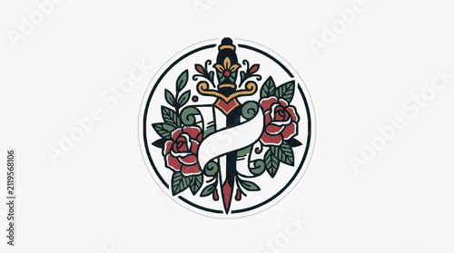 Elegant ribbon with floral emblem.