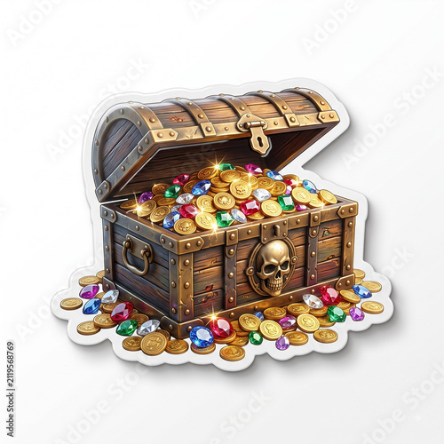 Open Wooden Treasure Chest Filled with Colorful Coins and Gems