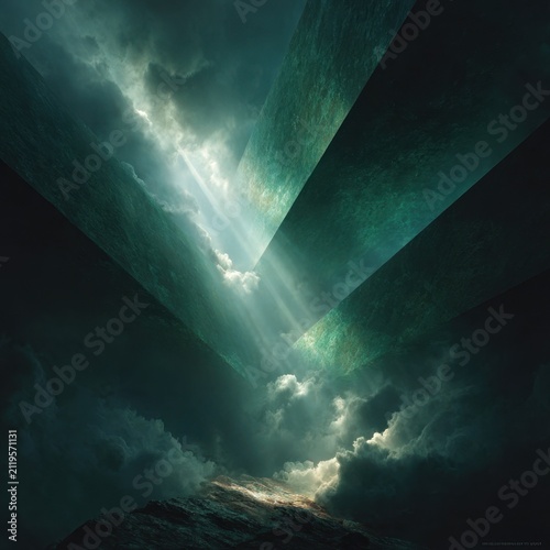 Dream weaving in a surreal, moody dreamscape of dark green angular prisms and radiant light shafts cutting through the abyss