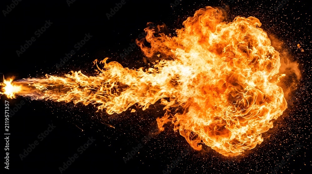 Fototapeta premium Large bright orange fire explosion with hot flames and burning sparks isolated on a dark black background texture
