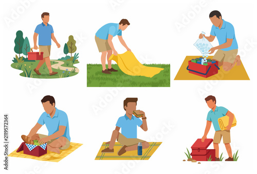 Foto Flat vector illustration set of a man having a picnic in nature, preparing food,
