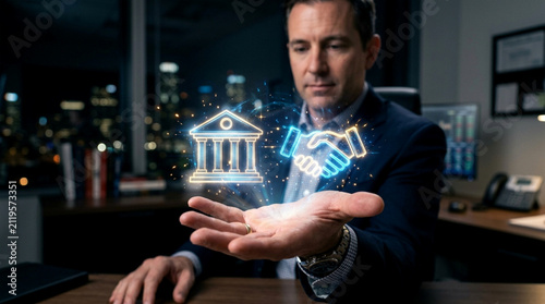 Businessman holding digital bank icon. Professional using fintech hologram for finance.