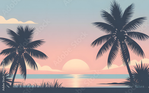Tropical sunset with palm trees silhouetted against a pastel sky serene ocean view for vacation and travel themes.