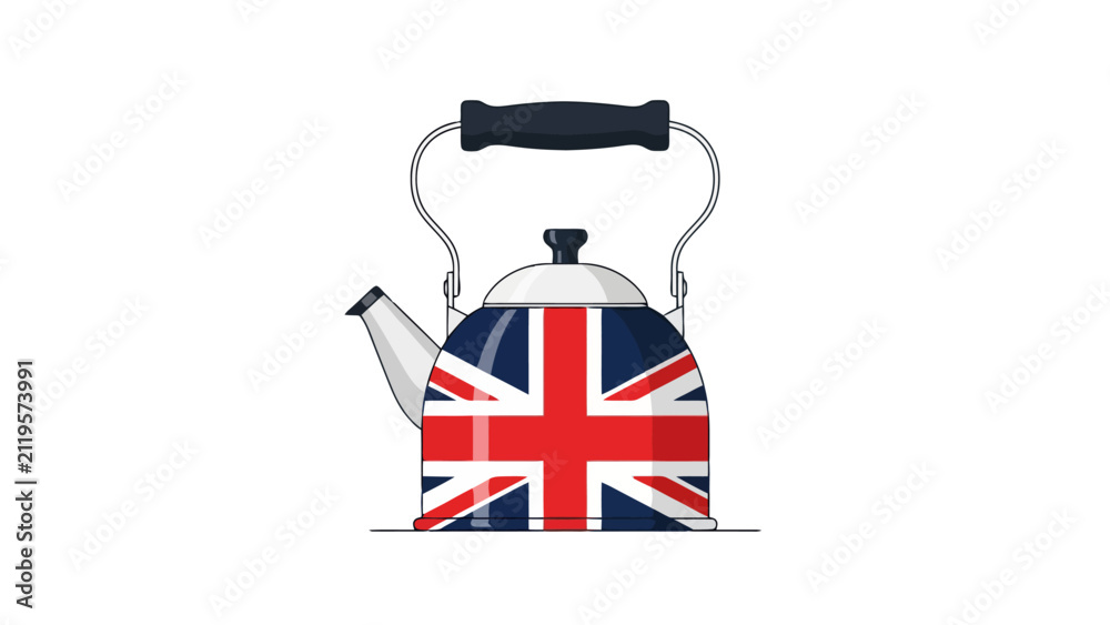 Fototapeta premium Metal boiling vessel featuring national flag of United Kingdom patterns suitable for kitchenware design themes representing traditional brewing habits and cultural pride for beverage lovers