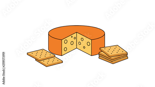 A tasty round block of dairy food with holes sits next to several crunchy square crackers for a delicious snack time feast that highlights the perfect pairing for parties or casual dining moments