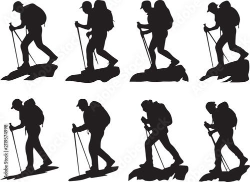 Black silhouettes of hikers with backpacks walking and trekking outdoors