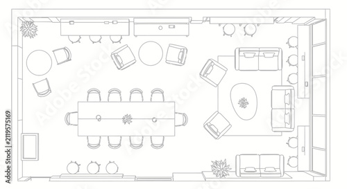 Modern open concept dining and living room floor plan.