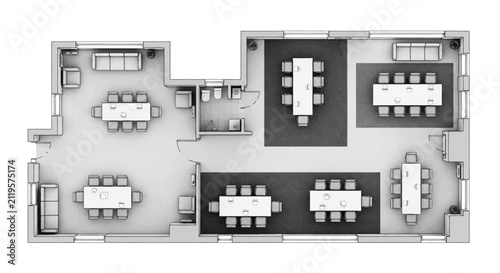 Modern office floor plan with multiple meeting rooms.