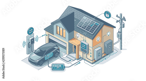 Modern smart home with electric car and solar panels.