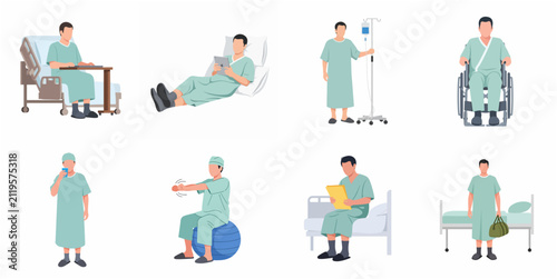 Flat vector set of male patient characters in hospital activities including rehabilitation, using laptop, in wheelchair, and discharge with bag.