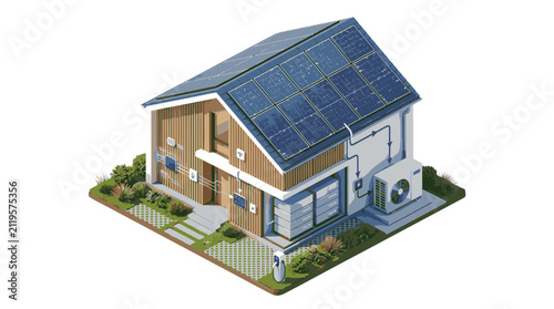 Modern eco friendly house with solar panels and garden.