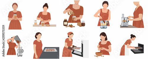 Set of flat vector illustrations showing the step-by-step process of making homemade nut butter, from roasting nuts to blending and storing in jars.
